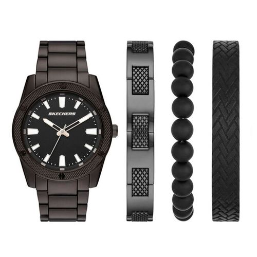 Set de reloj Skechers análogo metálico negro con pulseras para hombre